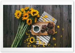 Sunflowers, Coffee Mug, Brownies, Wooden Table Ultra HD Wallpaper for 4K UHD Widescreen desktop, tablet & smartphone