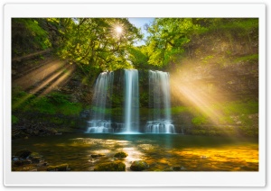 Sunlit Waterfall in Forest 4K UHD Wallpaper for Widescreen and UltraWide Desktop, UltraHD TV, Smartphone, Tablet