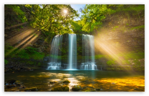 Sunlit Waterfall in Forest UltraHD Wallpaper for UHD 16:9 ; HD 16:9 ; UltraWide 21:9 24:10 32:9 32:10 ; Widescreen 16:10 ; Tablet 1:1 ; Mobile 9:16 9:19.5 9:20 ; Dual 16:10 16:9 ;
