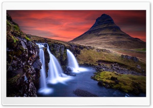 Sunset, Kirkjufellsfoss waterfall, Kirkjufell, Iceland Ultra HD Wallpaper for 4K UHD Widescreen desktop, tablet & smartphone