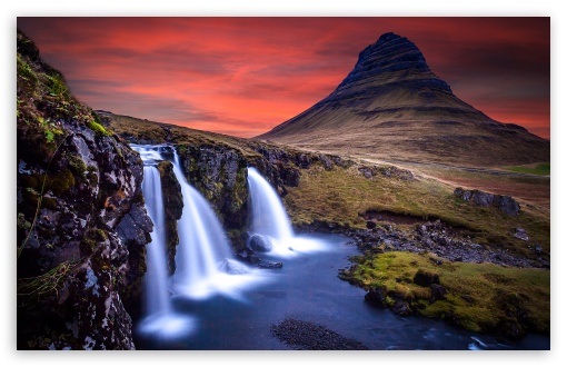 Sunset, Kirkjufellsfoss waterfall, Kirkjufell, Iceland UltraHD Wallpaper for UHD 16:9 ; HD 16:9 ; Widescreen 16:10 5:3 ; Fullscreen 4:3 5:4 3:2 ; Tablet 1:1 ;