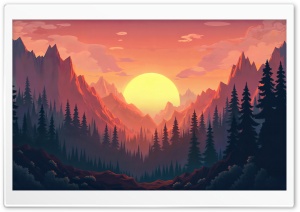 Sunset, Mountains, Forest, Illustration 4K UHD Wallpaper for Widescreen and UltraWide Desktop, UltraHD TV, Smartphone, Tablet