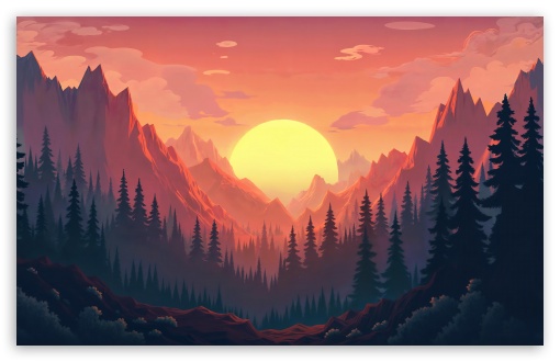 Sunset, Mountains, Forest, Illustration UltraHD Wallpaper for UHD 16:9 ; HD 16:9 ; UltraWide 21:9 24:10 32:9 32:10 ; Widescreen 16:10 5:3 ; Fullscreen 4:3 5:4 3:2 ; Tablet 1:1 ; Mobile 9:16 9:19.5 9:20 9:21 9:22 10:16 2:3 3:5 3:4 ; Dual 16:10 5:3 16:9 4:3 5:4 3:2 ;