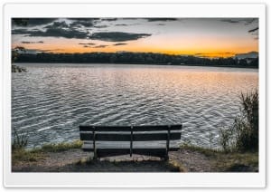 Sunset View from a Lakeside Bench 4K UHD Wallpaper for Widescreen and UltraWide Desktop, UltraHD TV, Smartphone, Tablet