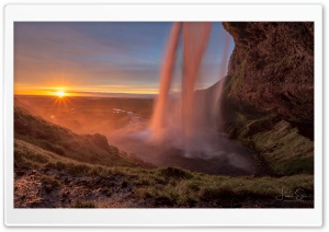 Sunset, Waterfall, Seljalandsfoss, Iceland Ultra HD Wallpaper for 4K UHD Widescreen desktop, tablet & smartphone