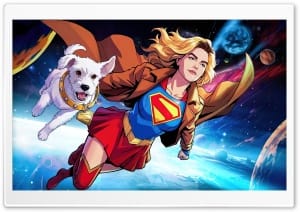 Supergirl and Krypto the Superdog Flying Through Space Comic Art 4K UHD Wallpaper for Widescreen and UltraWide Desktop, UltraHD TV, Smartphone, Tablet
