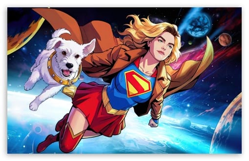 Supergirl and Krypto the Superdog Flying Through Space Comic Art UltraHD Wallpaper for UHD 16:9 ; HD 16:9 ; UltraWide 21:9 24:10 32:9 32:10 ; Widescreen 16:10 ; Tablet 1:1 ; Dual 16:10 16:9 ;