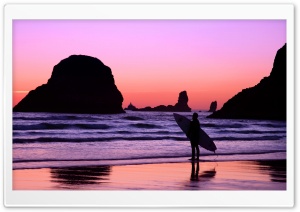Surfer At Sunset Cannon Beach Oregon Ultra HD Wallpaper for 4K UHD Widescreen desktop, tablet & smartphone