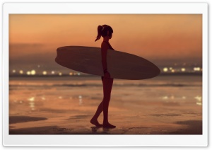 Surfer Girl on the Beach, Sunset, Illustration Ultra HD Wallpaper for 4K UHD Widescreen Desktop, Lockscreen, Screensaver, TV, Tablet, Smartphone