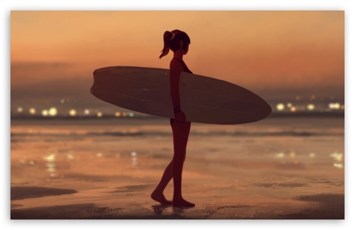 Surfer Girl on the Beach, Sunset, Illustration UltraHD Wallpaper for HD 16:9 ; UltraWide 21:9 24:10 ; Widescreen 16:10 5:3 ; Fullscreen 4:3 5:4 3:2 ; Tablet 1:1 ; Mobile 9:16 9:19.5 9:20 10:16 2:3 3:5 3:4 ;