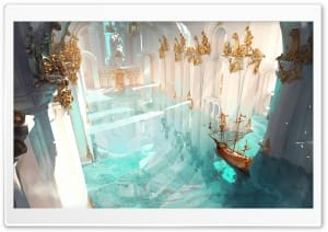 Surreal Flooded Cathedral Palace with Ship Fantasy Art 4K UHD Wallpaper for Widescreen and UltraWide Desktop, UltraHD TV, Smartphone, Tablet