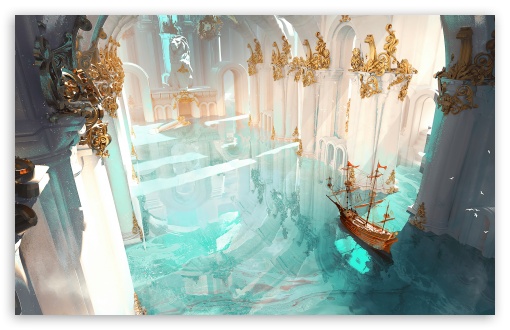 Surreal Flooded Cathedral Palace with Ship Fantasy Art UltraHD Wallpaper for UHD 16:9 ; HD 16:9 ; UltraWide 21:9 24:10 ; Widescreen 16:10 ; Tablet 1:1 ;