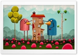 Surreal Illustration of Two Quirky, Tall Cartoon Birds 4K UHD Wallpaper for Widescreen and UltraWide Desktop, UltraHD TV, Smartphone, Tablet