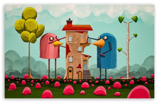 Surreal Illustration of Two Quirky, Tall Cartoon Birds UltraHD Wallpaper for UHD 16:9 ; HD 16:9 ; UltraWide 21:9 24:10 32:9 32:10 ; Widescreen 16:10 ; Tablet 1:1 ; Dual 16:10 16:9 ;