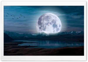 Surreal Moon in a Mountain Landscape 4K UHD Wallpaper for Widescreen and UltraWide Desktop, UltraHD TV, Smartphone, Tablet