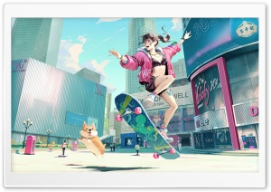 Teenage Skater Girl Having Fun with Her Dog in the City Anime Ultra HD Wallpaper for 4K UHD Widescreen desktop, tablet & smartphone