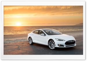 Tesla Model S in White, At the Beach Ultra HD Wallpaper for 4K UHD Widescreen desktop, tablet & smartphone