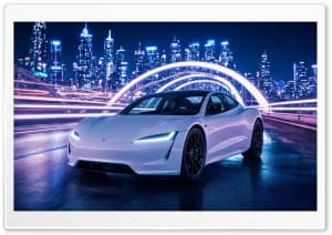 Tesla Roadster Electric Supercar Night Cityscape 4K UHD Wallpaper for Widescreen and UltraWide Desktop, UltraHD TV, Smartphone, Tablet