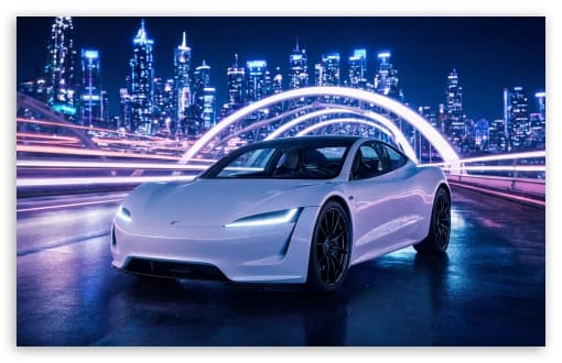 Tesla Roadster Electric Supercar Night Cityscape UltraHD Wallpaper for UHD 16:9 ; HD 16:9 ; UltraWide 21:9 24:10 32:9 32:10 ; Widescreen 16:10 ; Dual 16:10 16:9 ;