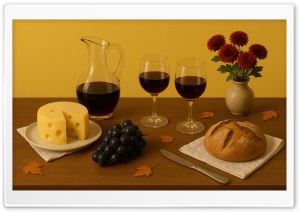 Thanksgiving Still Life with Wine and Emmentaler 4K UHD Wallpaper for Widescreen and UltraWide Desktop, UltraHD TV, Smartphone, Tablet