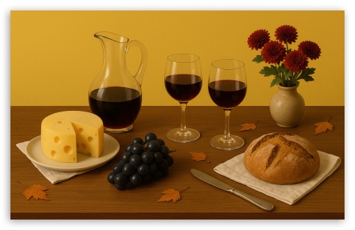 Thanksgiving Still Life with Wine and Emmentaler UltraHD Wallpaper for UHD 16:9 ; HD 16:9 ; UltraWide 21:9 24:10 ; Widescreen 16:10 5:3 ; Fullscreen 4:3 5:4 3:2 ; Tablet 1:1 ;