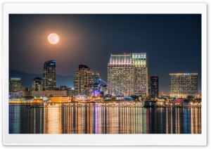 The Full Moon rising over the Downtown San Diego Skyline Ultra HD Wallpaper for 4K UHD Widescreen desktop, tablet & smartphone