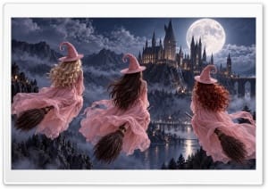 Three Witches Flying to Castle - Halloween Night 4K UHD Wallpaper for Widescreen and UltraWide Desktop, UltraHD TV, Smartphone, Tablet