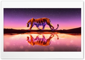 Tiger Reflected In Water Under Starry Sky 4K UHD Wallpaper for Widescreen and UltraWide Desktop, UltraHD TV, Smartphone, Tablet