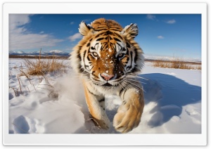 Tiger Running in Snow, Winter Ultra HD Wallpaper for 4K UHD Widescreen Desktop, Lockscreen, Screensaver, TV, Tablet, Smartphone