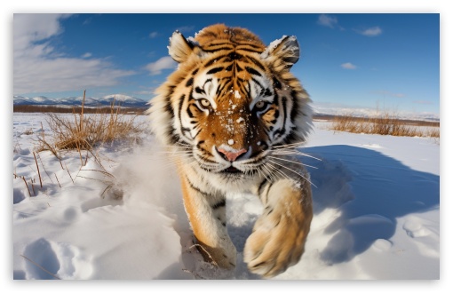 Tiger Running in Snow, Winter UltraHD Wallpaper for UHD 16:9 ; HD 16:9 ; UltraWide 21:9 24:10 ; Widescreen 16:10 5:3 ; Fullscreen 4:3 5:4 3:2 ; Tablet 1:1 ; Mobile 9:16 9:19.5 9:20 9:21 9:22 10:16 2:3 3:5 3:4 ;