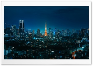 Tokyo Tower illuminating the night skyline of Minato City, Japan 4K UHD Wallpaper for Widescreen and UltraWide Desktop, UltraHD TV, Smartphone, Tablet