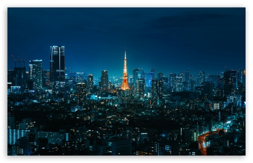 Tokyo Tower illuminating the night skyline of Minato City, Japan UltraHD Wallpaper for UHD 16:9 ; HD 16:9 ; UltraWide 21:9 24:10 32:9 32:10 ; Widescreen 16:10 ; Fullscreen 3:2 ; Tablet 1:1 ; Mobile 9:16 9:19.5 9:20 9:21 9:22 ; Dual 16:10 16:9 ;