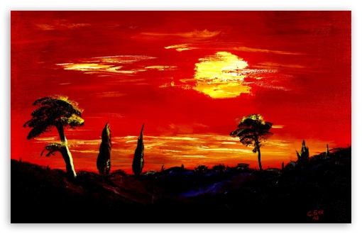 Toscany Oil Painting red night UltraHD Wallpaper for HD 16:9 ; Widescreen 16:10 5:3 ; Fullscreen 4:3 5:4 3:2 ; Tablet 1:1 ; Mobile 9:16 2:3 3:5 3:4 ;