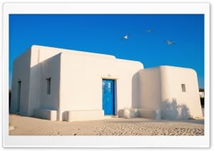 Traditional Greek House on the Beach 4K UHD Wallpaper for Widescreen and UltraWide Desktop, UltraHD TV, Smartphone, Tablet
