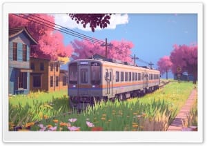 Train Passing Through Spring Cherry Blossoms 4K UHD Wallpaper for Widescreen and UltraWide Desktop, UltraHD TV, Smartphone, Tablet