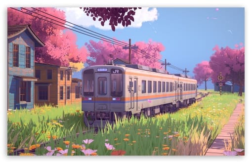 Train Passing Through Spring Cherry Blossoms UltraHD Wallpaper for HD 16:9 ; UltraWide 21:9 24:10 32:9 32:10 ; Widescreen 16:10 ; Tablet 1:1 ; Dual 16:10 16:9 ;