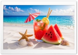 Tropical Beach with Refreshing Watermelon Drink 4K UHD Wallpaper for Widescreen and UltraWide Desktop, UltraHD TV, Smartphone, Tablet