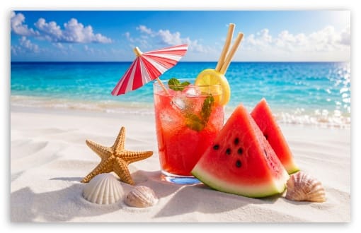 Tropical Beach with Refreshing Watermelon Drink UltraHD Wallpaper for UHD 16:9 ; HD 16:9 ; UltraWide 21:9 24:10 ; Widescreen 16:10 ; Tablet 1:1 ;