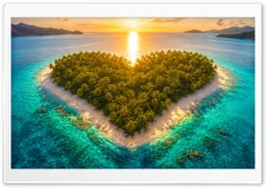 Tropical Heart shaped Island in Turquoise Sea 4K UHD Wallpaper for Widescreen and UltraWide Desktop, UltraHD TV, Smartphone, Tablet