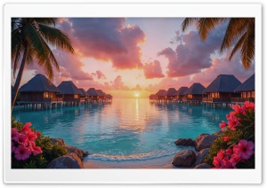 Tropical Resort, Vacation, Travel, Holiday, Palm Trees, Beach, Hibiscus, Flowers, Crystal clear water, Paradise, Exotic 4K UHD Wallpaper for Widescreen and UltraWide Desktop, UltraHD TV, Smartphone, Tablet