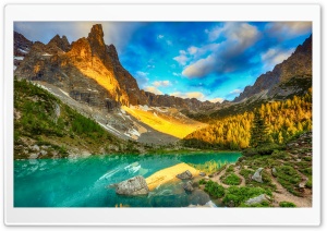 Turquoise Lake, Mountains, Landscape, Sunlight 4K UHD Wallpaper for Widescreen and UltraWide Desktop, UltraHD TV, Smartphone, Tablet