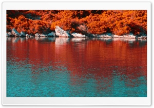Turquoise Water and Orange Hillside with White Rocks 4K UHD Wallpaper for Widescreen and UltraWide Desktop, UltraHD TV, Smartphone, Tablet