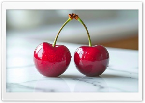 Two Cherries, Fruits, Macro, Marble 4K UHD Wallpaper for Widescreen and UltraWide Desktop, UltraHD TV, Smartphone, Tablet