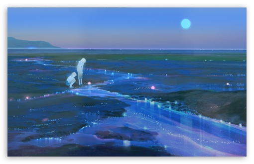 Two Girls Observing Bioluminescence UltraHD Wallpaper for UHD 16:9 ; HD 16:9 ; UltraWide 21:9 24:10 32:9 32:10 ; Widescreen 16:10 ; Tablet 1:1 ; Mobile 9:16 9:19.5 9:20 ; Dual 16:10 16:9 ;