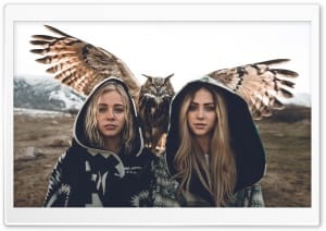 Two Girls One Owl Aesthetic Tribal Hooded Cloaks 4K UHD Wallpaper for Widescreen and UltraWide Desktop, UltraHD TV, Smartphone, Tablet