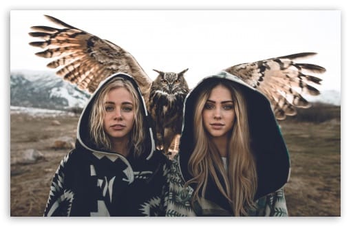 Two Girls One Owl Aesthetic Tribal Hooded Cloaks UltraHD Wallpaper for UHD 16:9 ; HD 16:9 ; UltraWide 21:9 24:10 32:9 32:10 ; Widescreen 16:10 ; Tablet 1:1 ; Dual 16:10 16:9 ;