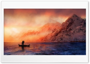 Vikings Have Arrived Longship At Sunset 4K UHD Wallpaper for Widescreen and UltraWide Desktop, UltraHD TV, Smartphone, Tablet