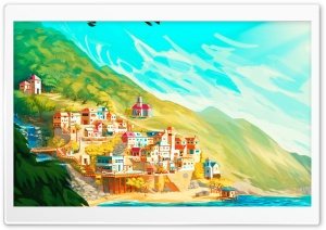 Village by the Sea Art 4K UHD Wallpaper for Widescreen and UltraWide Desktop, UltraHD TV, Smartphone, Tablet