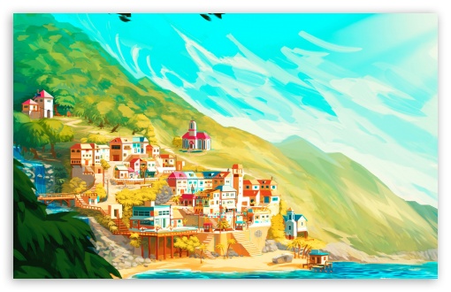 Village by the Sea Art UltraHD Wallpaper for UHD 16:9 ; HD 16:9 ; UltraWide 21:9 24:10 32:10 ; Widescreen 16:10 5:3 ; Fullscreen 4:3 5:4 3:2 ; Tablet 1:1 ; Dual 16:10 5:3 4:3 5:4 3:2 ;