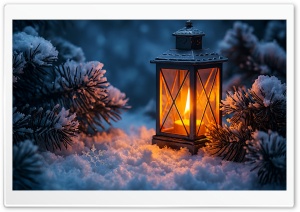Warm Glow Lantern In Snow 4K UHD Wallpaper for Widescreen and UltraWide Desktop, UltraHD TV, Smartphone, Tablet